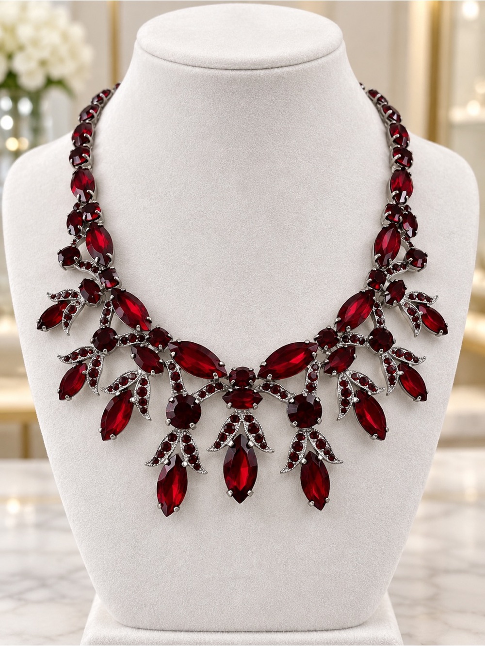 Luxurious Red Crystal Floral Statement Necklace